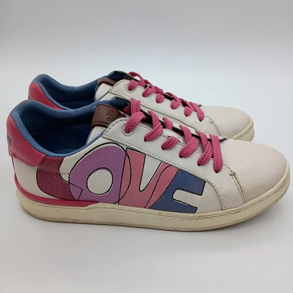 Coach G5101 Love Graphic Low Top Sneakers White Pink Blue‎ Womens 6B